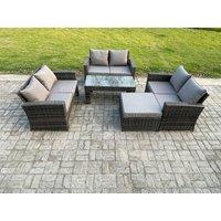 Fimous 7 Seater Rattan Wicker Garden Furniture Patio Conservatory Sofa Set with Coffee Table Double Seater Sofa Big Footstool in Dark Grey