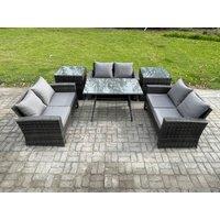 Fimous 6 PCS Outdoor Lounge Sofa Set Wicker PE Rattan Garden Furniture Set with Rectangular Dining Table Love Seat Sofa in Dark Grey