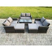Fimous 8 Seater High Back Rattan Garden Furniture Sofa Sets with Rectangular Coffee Table 2 Big Footstool Dark Grey Mixed