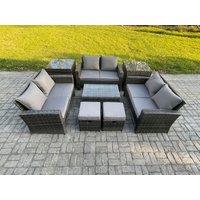 Fimous 8pc Rattan Sofa Garden Furniture Outdoor Patio Set with 2 Side Tables 2 Small Footstools Love Seat Sofa Dark Grey