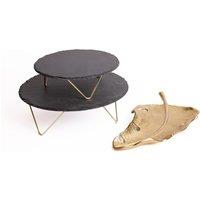 Artesa 2pc Serve Set with 2-Tiered Slate Serving Stand & Cast Aluminium Gold Leaf Plate in Black