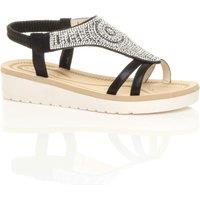 AJVANI Women's Low Wedge Heel Diamante T-Bar Slingback Sandals Flatforms in Black | Size: 7