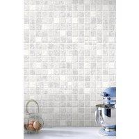 Contour Earthen Tile Effect Kitchen & Bathroom Grey/White Washable Wallpaper in Grey | Size: 10000mm x 520mm