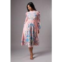 Petite Burnout Printed Midi Dress With Blouson Sleeve