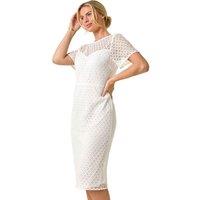 Roman Women's Petite Lace Short Sleeve Dress in Ivory | Size: 12