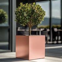 Woven Wood 60cm Zinc Brushed Rose Gold Finish Square Planter