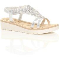 AJVANI Women's Low Wedge Heel Diamante T-Bar Slingback Sandals Flatforms in Silver | Size: 9