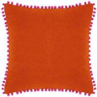 Paoletti Velvet Pom Pom Trimmed Cushion in Orange | Size: 45 cm x 45 cm