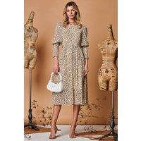 Jolie Moi Women's Chiffon Maxi Dress with Shirred Cuffs in Beige | Size: 16