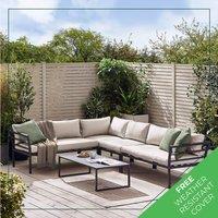 FurnitureboxUK Montenegro White Metal 6 Seat Outdoor Garden Sofa Set, Taupe Cushions, 6 seat corner sofa + metal coffee table in Grey