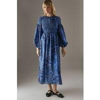 Warehouse Women's Printed Textured Organza Shirred Midaxi Dress in Blue | Size: 12