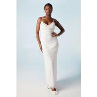 Cowl Neck Beaded And Pearl Column Bridal Midi Dress