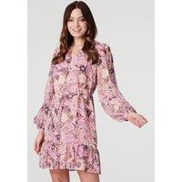 Izabel London Women's Floral Long Puff Sleeve Shirt Dress in Pink | Size: 14