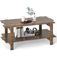 Gymax 2-Tier Coffee Table Slatted Wood Center Table with Storage Shelf-Walnut in Walnut