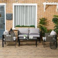 OUTSUNNY 4 Piece Garden Sofa Set w/ Tempered Glass Coffee Table in Light Grey