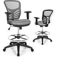Gymax Mid-Back Tall Drafting Chair Mesh Back Clerk Stool with Armrests in Grey