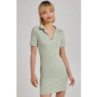 Pink Vanilla Women's Short Sleeve Collar Neck Rib Mini Dress in Green | Size: 6
