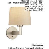 Loops Wall Light Matt Nickel Plate & Taupe Fabric 60W E27 GLS Dimmable e10679 in Metallics