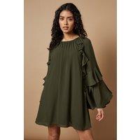 Oasis Women's Petite Chiffon Ruffle Sleeve Mini Dress in Khaki | Size: 10