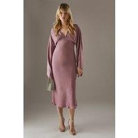 Flare Sleeve Plunge Satin Midi Dress