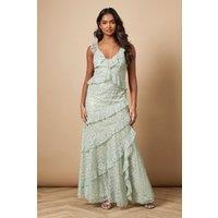 Oasis Women's Sequin Lace Ruffle Detail Midaxi Dress in Sage | Size: 14