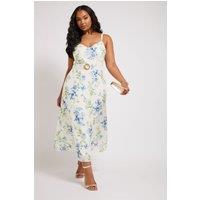 Yours Women's Floral Belted Linen Look Dress in Ivory | Size: 18
