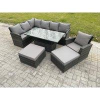 Fimous Outdoor Garden Furniture Set Wicker PE Rattan Height Adjustable Rising Lifting Table Sofa Dining Set with 2 Big Footstool Armchair in Dark Grey