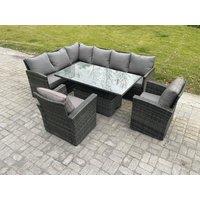 Fimous Wicker PE Outdoor Rattan Garden Furniture Set Height Adjustable Rising Lifting Table Sofa Dining Set with 2 Armchairs Dark Grey Mixed