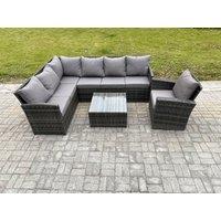 Fimous 7 Seater Outdoor Garden Furniture Set Wicker PE Rattan Corner Sofa Set with Square Coffee Table Armchairs Dark Grey Mixed