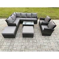 Fimous 10 Seater Rattan Lounge Corner Sofa Set Wicker PE Outdoor Garden Furniture Set with Coffee Table 2 Big Footstool 2 Armchair in Dark Grey