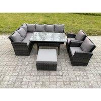 Fimous 9 Seater Outdoor Rattan Garden Furniture Set with Dining Table Big Footstool 2 Armchiars Patio Wicker Corner Sofa Set in Dark Grey
