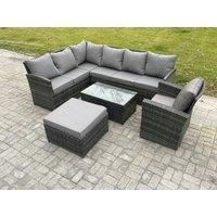 Fimous 8 Seater Rattan Lounge Corner Sofa Set Wicker PE Outdoor Garden Furniture Set with Coffee Table Big Footstool Armchair in Dark Grey