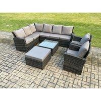 Fimous Rattan Garden Furniture Set Outdoor Lounge Corner Sofa Set With Square Coffee Table Big Footstool 2 Armchairs in Dark Grey