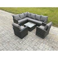 Fimous 8 Seater Outdoor Garden Furniture Set Wicker PE Rattan Corner Sofa Set with Square Coffee Table 2 Armchairs Dark Grey Mixed