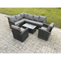 Fimous Rattan Lounge Corner Sofa Set Wicker PE Outdoor Garden Furniture Set with Rectangular Coffee Table 2 Armchairs in Dark Grey