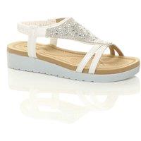 AJVANI Women's Low Wedge Heel Diamante T-Bar Slingback Sandals Flatforms in White | Size: 9