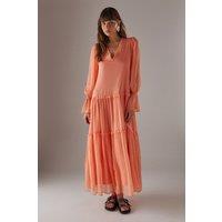 Premium Raw Edge Georgette Tiered Maxi Dress