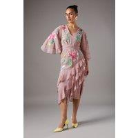 Coast Women's Embroidered Midi Dress With Ruffles in Nude | Size: 8