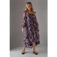 Shadow Stripe Ruffle Square Neck Smock Midi Dress