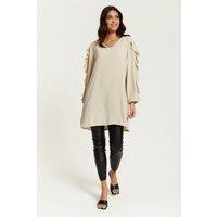 HOXTON GAL Women's Oversized Long Ruffle Sleeve Relaxed Fit Tunic in Beige | Size: 8-10