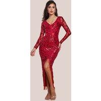 Goddiva Women's Tassel & Sequin Maxi With Front Split in Red | Size: 10