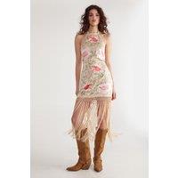 NastyGal Women's Limited Hand Embroidered Beaded Halter Fringe Mini Dress in Nude | Size: 10