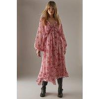 Floral Shadow Stripe Volume Sleeve Hanky Hem Midaxi Dress