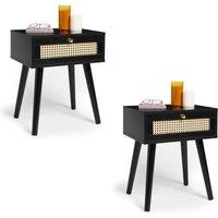 Spinningfield Set of 2 1 Drawer Rattan Effect Fronted Side Table in Black