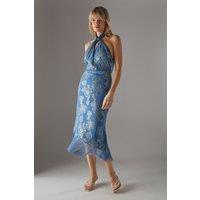 Metallic Chiffon Fringe Hem Halter Wrap Front Midi Dress
