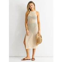 Gini London Women's Beige Crochet Knit Bodycon Slit Dress | Size: 12