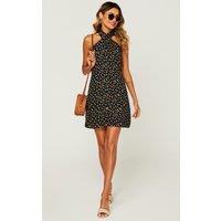 FS Collection Women's Spot Print Halter Neck Back Detail Mini Dress In Black | Size: Large