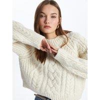 Dexia Women's Crew Neck Cable Knit Soft Textured Ecru Sweater | Size: Large