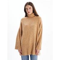Dexia Women's Roll Neck Soft Textured Relaxed Fit Plain Knit Jumper & Jumper Dress in Camel | Size: Large/XL