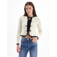 Elegant Contrast Trim Bow Detail Cropped Ecru Cardigan